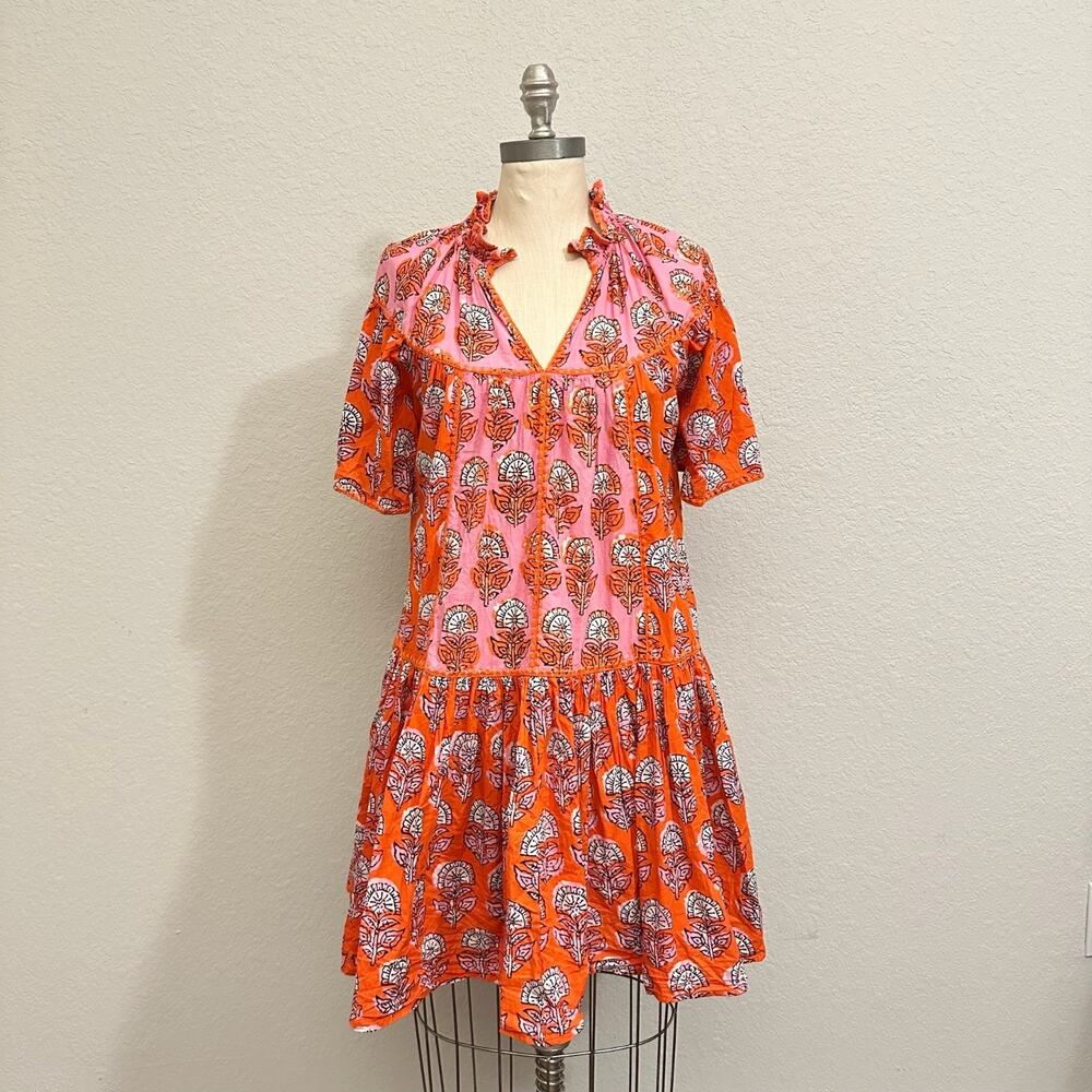 UNCLE FRANK Mini Dress Orange Floral Tiered Ruffled Bohemian Babydoll